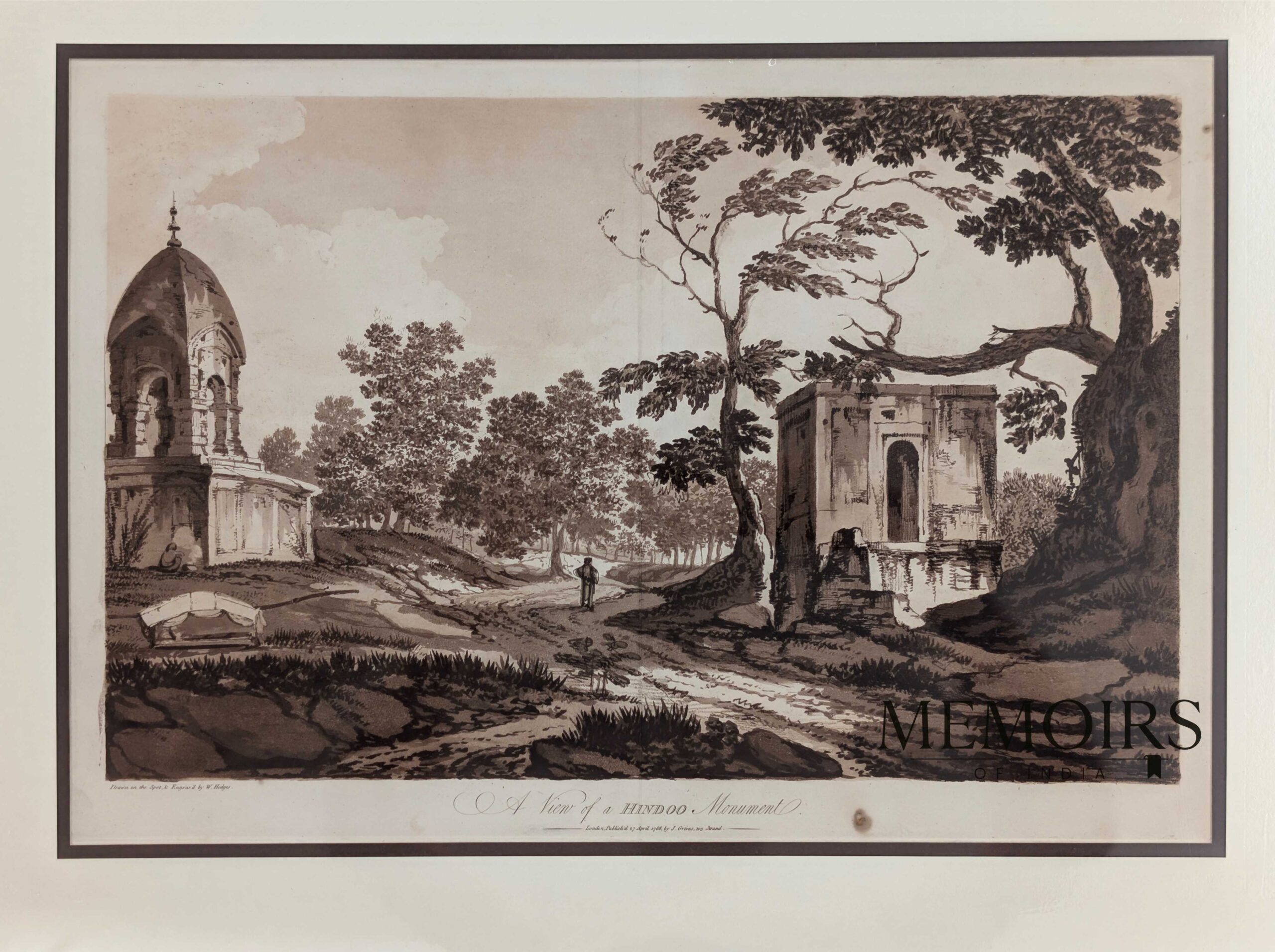 William Hodges Original aquatint by William Hodges depicting a Hindoo monument surrounded by trees and woodland, engraved by William Byrne and published in London in 1787.