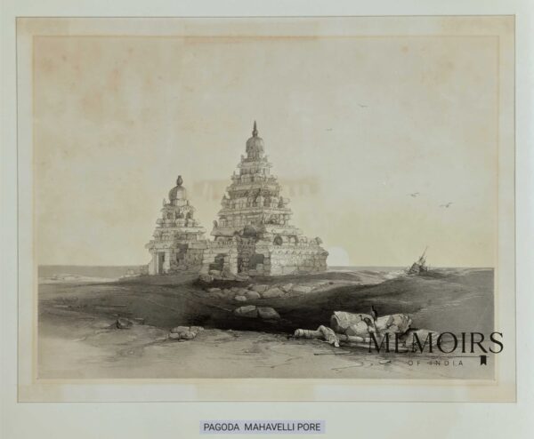 Antique 1848 tinted lithograph titled Pagoda Mahavellipore by James Fergusson and Thomas Colman Dibdin, depicting the Shore Temple at Mamallapuram, Tamil Nadu, India.
