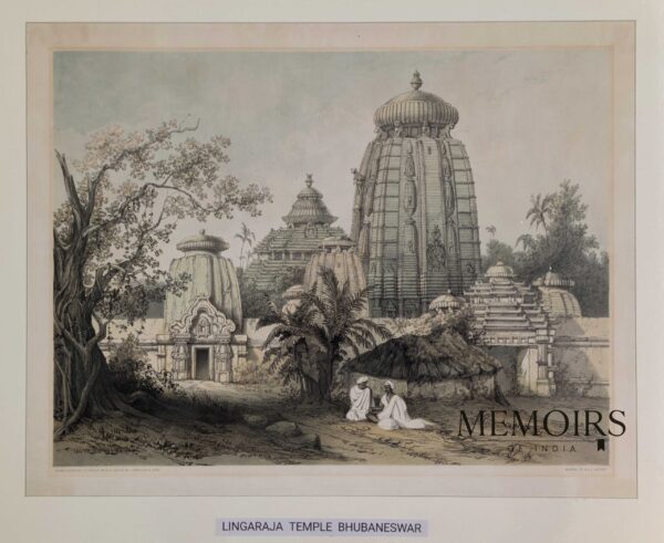 Original 1848 tinted lithograph of the Lingaraja Temple at Bhubaneswar, Odisha, drawn and lithographed by Thomas Colman Dibdin after an 1837 sketch by James Fergusson.