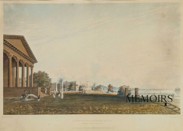 Original 1825 hand-coloured aquatint after James Baillie Fraser showing Barrackpore House and its landscaped grounds overlooking the Hooghly River in Bengal, engraved by Robert Havell Jr.
