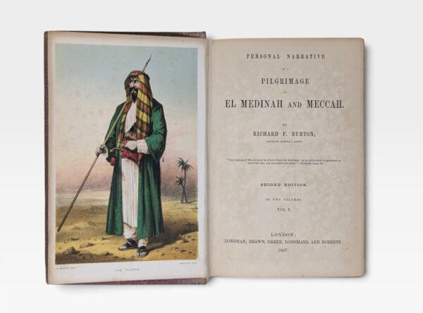 Richard Francis Burton’s Pilgrimage to El Medinah and Meccah, second edition 1857, illustrated with chromolithographs, tinted lithographs and folding maps.