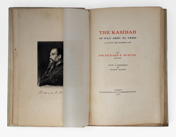 Richard Francis Burton’s The Kasidah of Haji Abdu El Yezdi, 1914 Hutchinson edition in gilt faux-vellum binding.